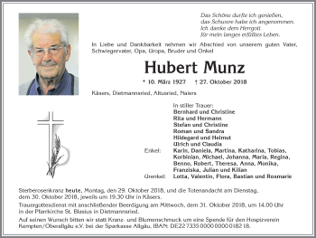 Traueranzeige von Hubert Munz von Allgäuer Zeitung,Kempten
