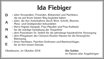 Traueranzeige von Ida Fiebiger von Allgäuer Zeitung, Kaufbeuren/Buchloe
