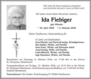 Traueranzeige von Ida Fiebiger von Allgäuer Zeitung, Kaufbeuren/Buchloe