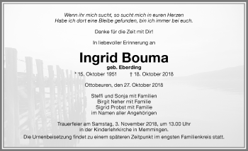 Traueranzeige von Ingrid Bouma von Memminger Zeitung