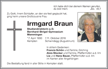Traueranzeige von Irmgard Braun von Memminger Zeitung