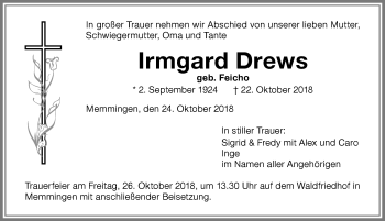 Traueranzeige von Irmgard Drews von Memminger Zeitung