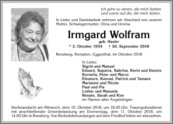 Traueranzeige von Irmgard Wolfram von Allgäuer Zeitung, Marktoberdorf
