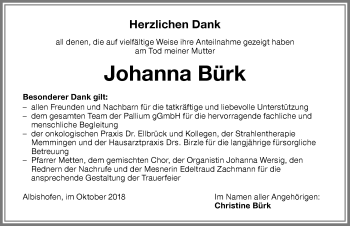 Traueranzeige von Johanna Bürk von Memminger Zeitung