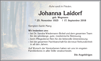 Traueranzeige von Johanna Laidorf von Allgäuer Zeitung,Kempten