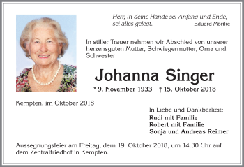 Traueranzeige von Johanna Singer von Allgäuer Zeitung,Kempten