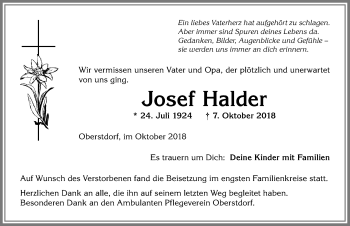 Traueranzeige von Josef Halder von Allgäuer Anzeigeblatt