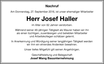 Traueranzeige von Josef Haller von Memminger Zeitung