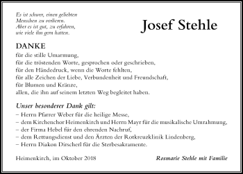 Traueranzeige von Josef Stehle von Der Westallgäuer