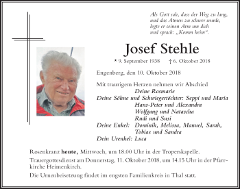 Traueranzeige von Josef Stehle von Der Westallgäuer