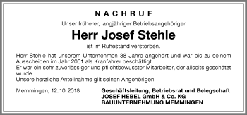 Traueranzeige von Josef Stehle von Der Westallgäuer