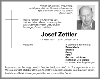 Traueranzeige von Josef Zettler von Memminger Zeitung