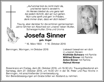Traueranzeige von Josefa Sinner von Memminger Zeitung
