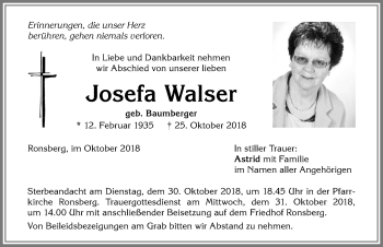 Traueranzeige von Josefa Walser von Allgäuer Zeitung, Marktoberdorf