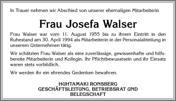Traueranzeige von Josefa Walser von Allgäuer Zeitung, Marktoberdorf