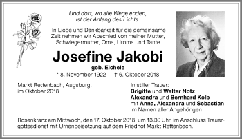 Traueranzeige von Josefine Jakobi von Memminger Zeitung