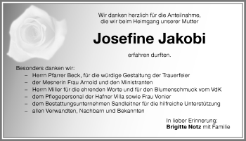 Traueranzeige von Josefine Jakobi von Memminger Zeitung