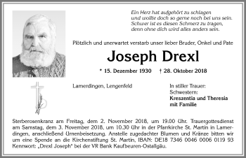 Traueranzeige von Joseph Drexl von Allgäuer Zeitung, Kaufbeuren/Buchloe