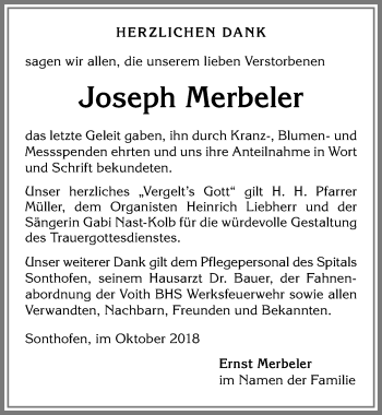 Traueranzeige von Joseph Merbeler von Allgäuer Anzeigeblatt