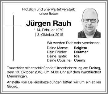 Traueranzeige von Jürgen Rauh von Memminger Zeitung