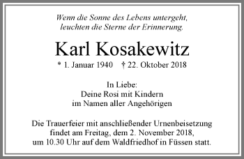Traueranzeige von Karl Kosakewitz von Allgäuer Zeitung, Füssen