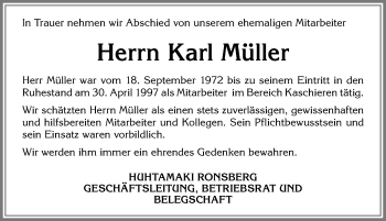 Traueranzeige von Karl Müller von Allgäuer Zeitung, Marktoberdorf