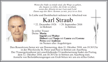Traueranzeige von Karl Straub von Allgäuer Zeitung, Marktoberdorf