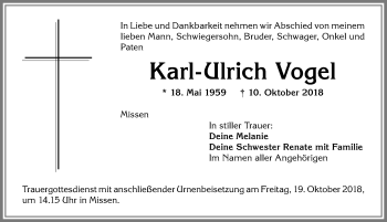 Traueranzeige von Karl-Ulrich Vogel von Allgäuer Anzeigeblatt