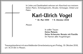 Traueranzeige von Karl-Ulrich Vogel von Allgäuer Anzeigeblatt