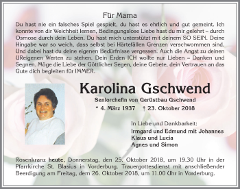 Traueranzeige von Karolina Gschwend von Allgäuer Zeitung