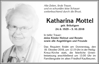 Traueranzeige von Katharina Mottel von Allgäuer Zeitung, Kaufbeuren/Buchloe