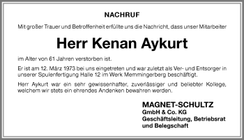 Traueranzeige von Kenan Aykurt von Memminger Zeitung