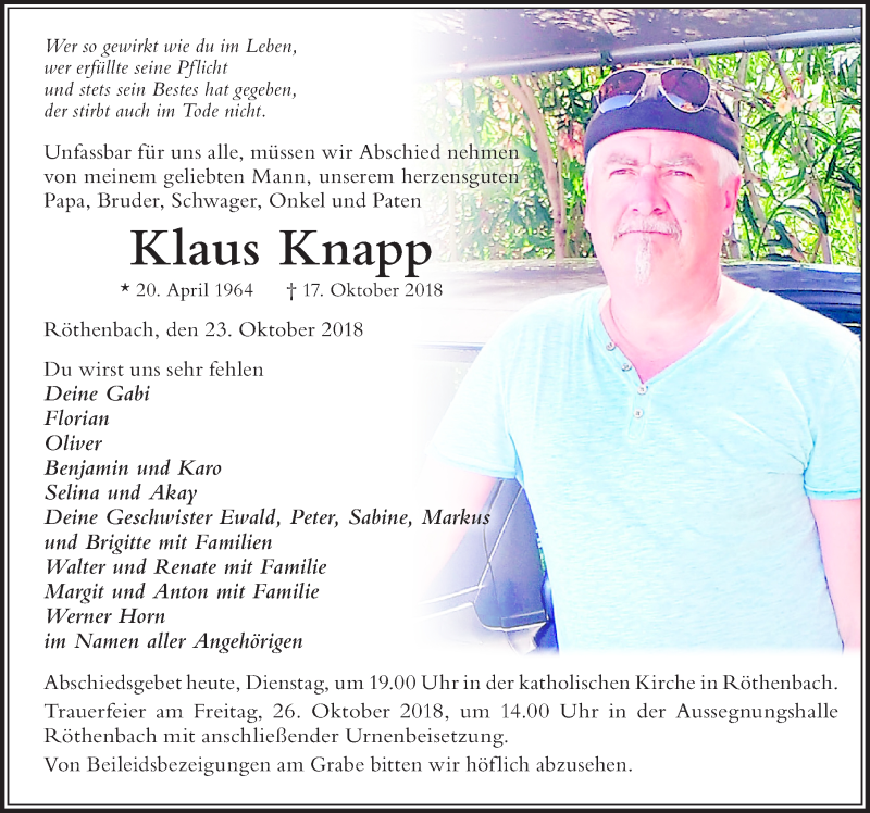  Traueranzeige für Klaus Knapp vom 23.10.2018 aus Der Westallgäuer
