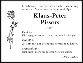 Traueranzeige von Klaus-Peter Pissors von Der Westallgäuer