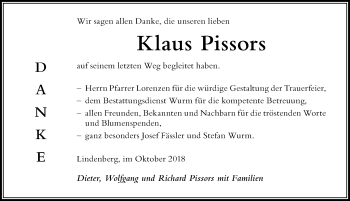Traueranzeige von Klaus Pissors von Der Westallgäuer