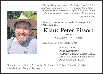 Traueranzeige von Klaus Peter Pissors von Der Westallgäuer