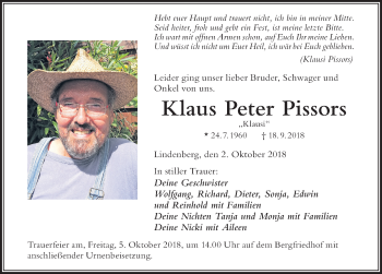 Traueranzeige von Klaus Peter Pissors von Der Westallgäuer