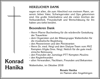 Traueranzeige von Konrad Hanika von Allgäuer Zeitung,Kempten