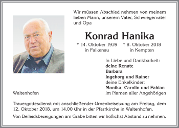 Traueranzeige von Konrad Hanika von Allgäuer Zeitung,Kempten