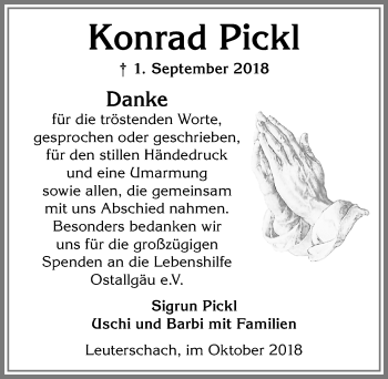 Traueranzeige von Konrad Pickl von Allgäuer Zeitung, Marktoberdorf