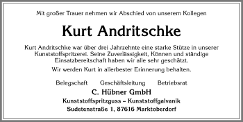 Traueranzeige von Kurt Andritschke von Allgäuer Zeitung, Marktoberdorf