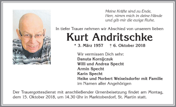 Traueranzeige von Kurt Andritschke von Allgäuer Zeitung, Marktoberdorf