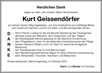 Traueranzeige von Kurt Geissendörfer von Memminger Zeitung