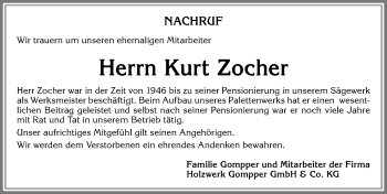 Traueranzeige von Kurt Zocher von Allgäuer Zeitung, Füssen