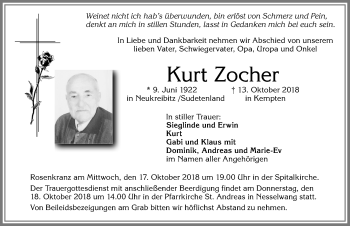 Traueranzeige von Kurt Zocher von Allgäuer Zeitung, Füssen