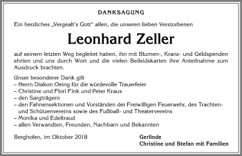 Traueranzeige von Leonhard Zeller von Allgäuer Anzeigeblatt