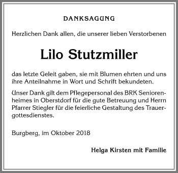 Traueranzeige von Lilo Stutzmiller von Allgäuer Anzeigeblatt