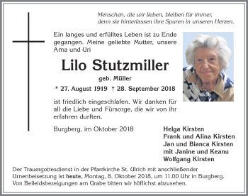 Traueranzeige von Lilo Stutzmiller von Allgäuer Anzeigeblatt