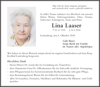 Traueranzeige von Lina Laaser von Der Westallgäuer