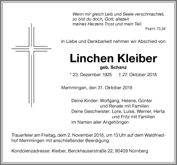 Traueranzeige von Linchen Kleiber von Memminger Zeitung
